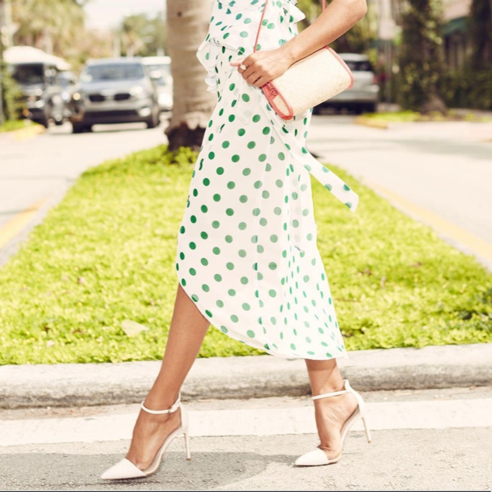 New York & Co White And Green Polka Dot Wrap Skirt